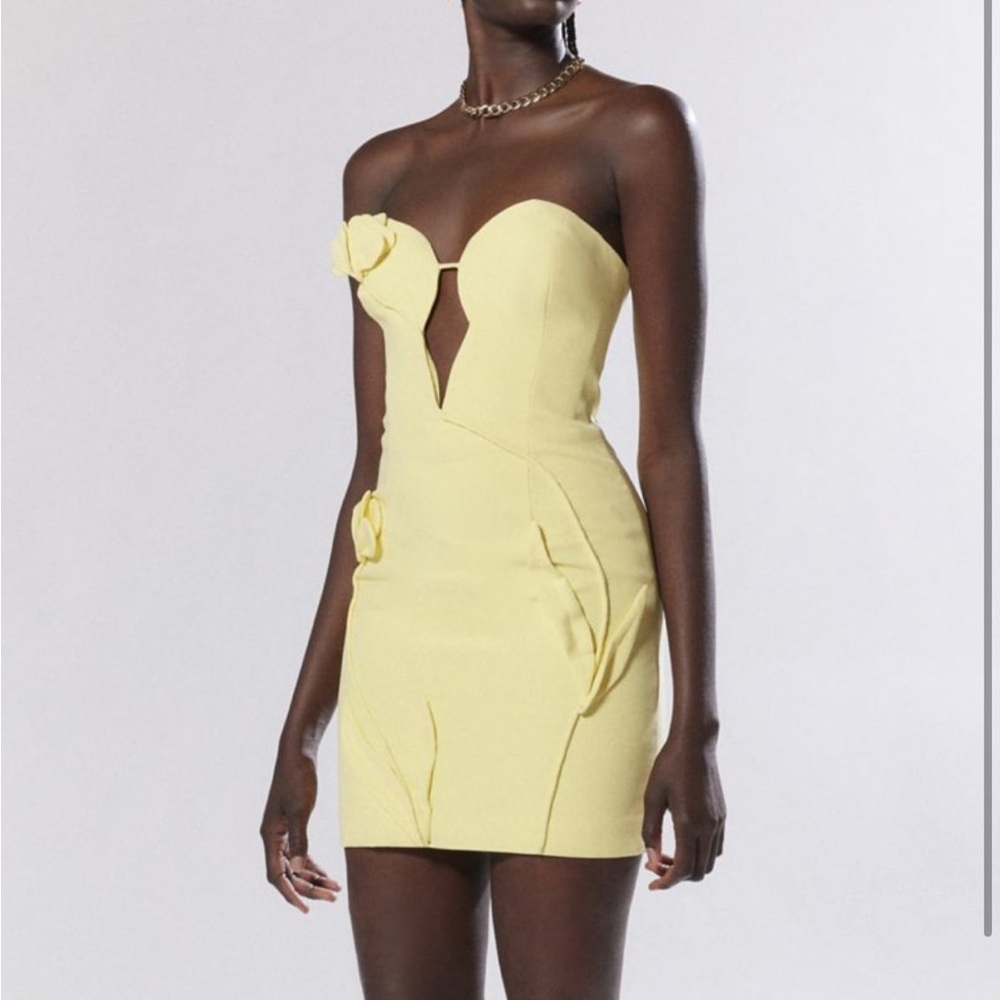 Bardot mini dress with 3D floral trim in yellow